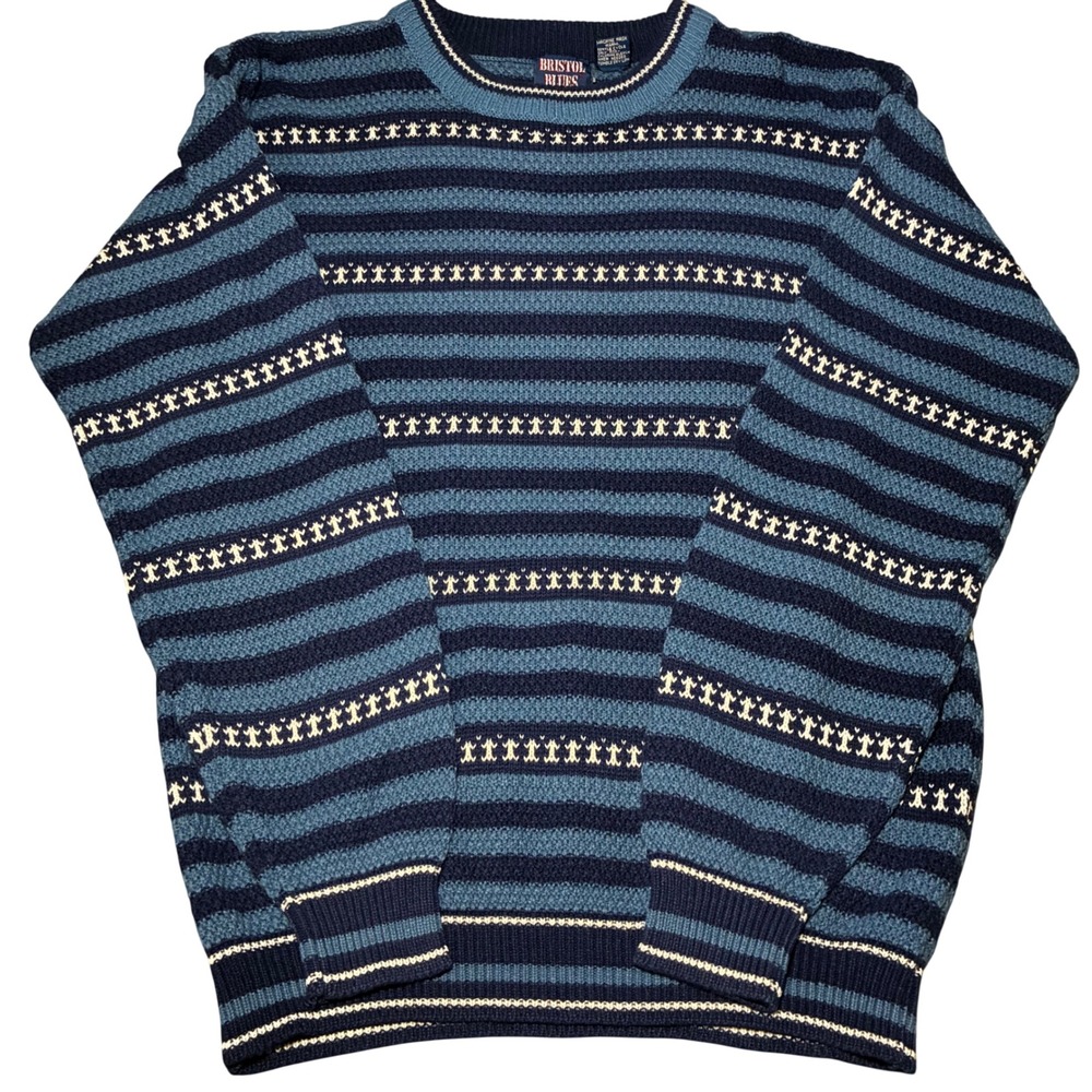 Bristol Blues Men's Blue Striped Knit Sweater Crewneck Nordic Style Size M‎